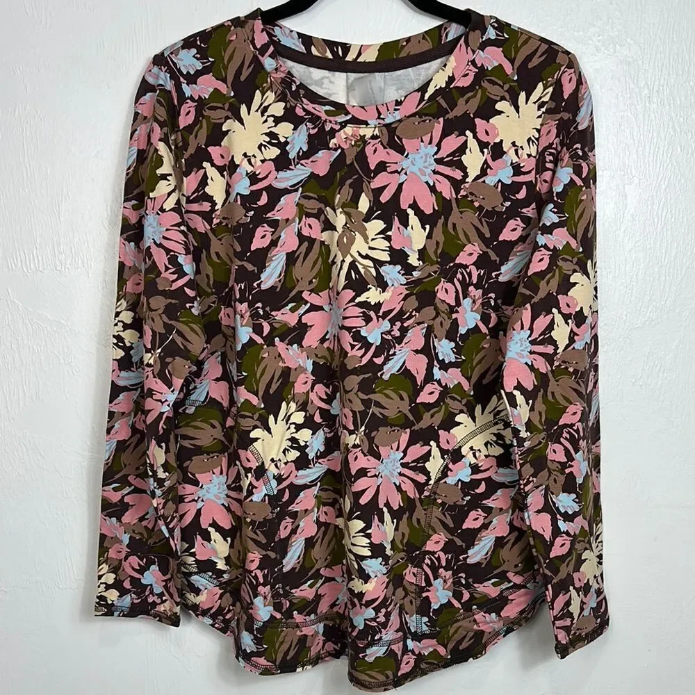 Zuda Z-Knit Floral Curved Hem Long Sleeve Pullover With Pockets Size S